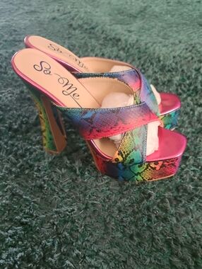 So Me Multicolor Rainbow Snakeskin Platform Slide Heels